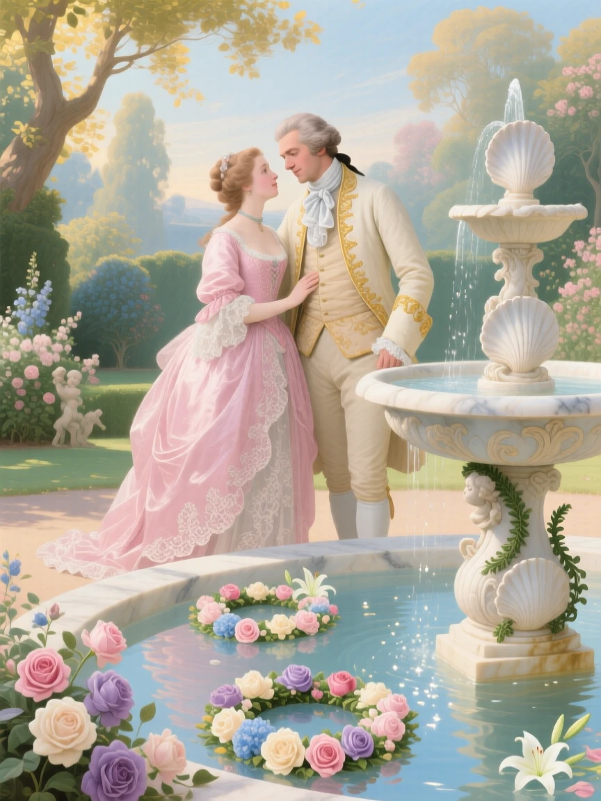 A couple gazing into a fountain filled with floating flower wreaths  