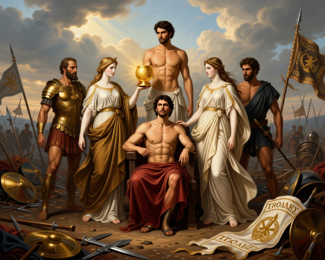 The Trojan prince Paris awarding the golden apple to the fairest goddess as golden light breaks through the clouds above, set on a windswept battlefield strewn with fallen standards, with gilded armor catching the light and rich fabrics billowing in the wind; the composition centers the hero in a pyramid of surrounding figures, charged with heroic resolve and quiet foreboding.