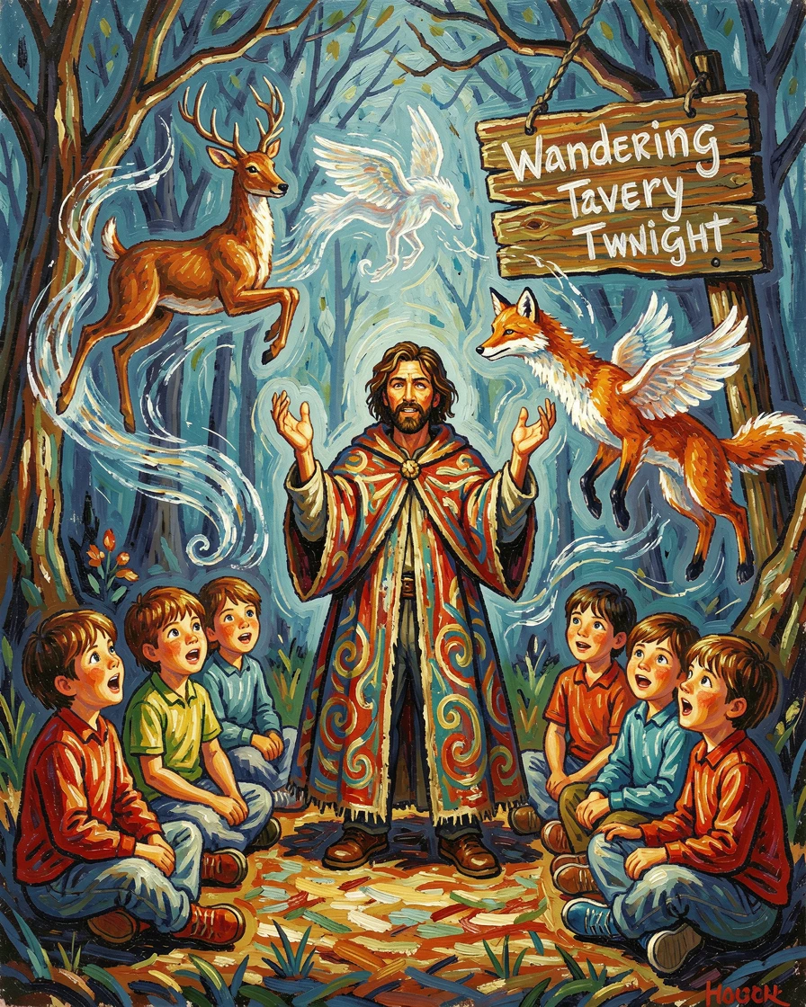A wandering storyteller conjuring illusions of dancing animals for a circle of children.