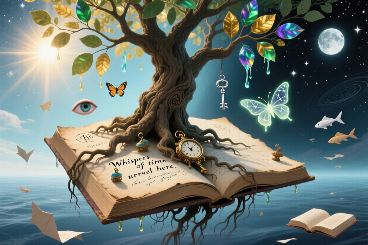 A tree growing directly from the pages of an open journal exists suspended between light and shadow, while soft light gathers gently around its edges.
