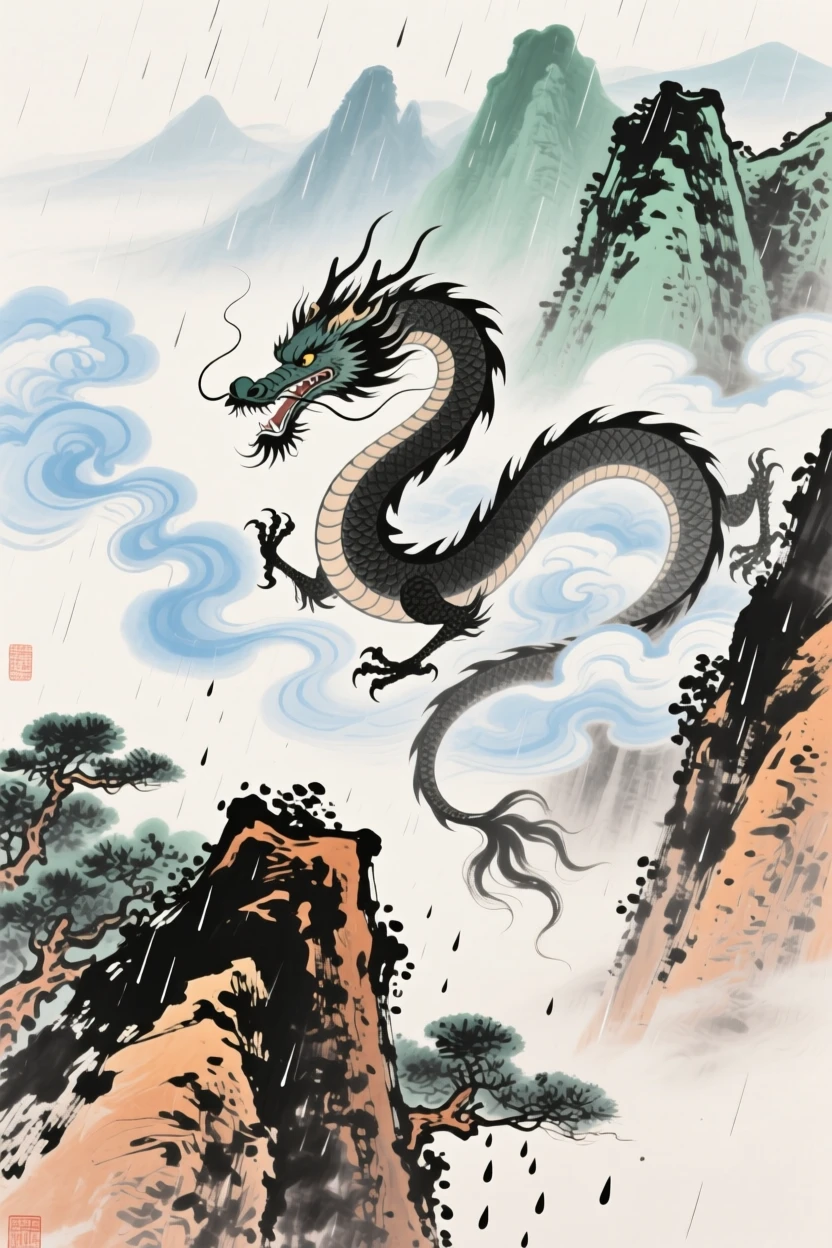 A celestial dragon coiling through clouds above a jagged mountain range, as summer rain begins to fall.