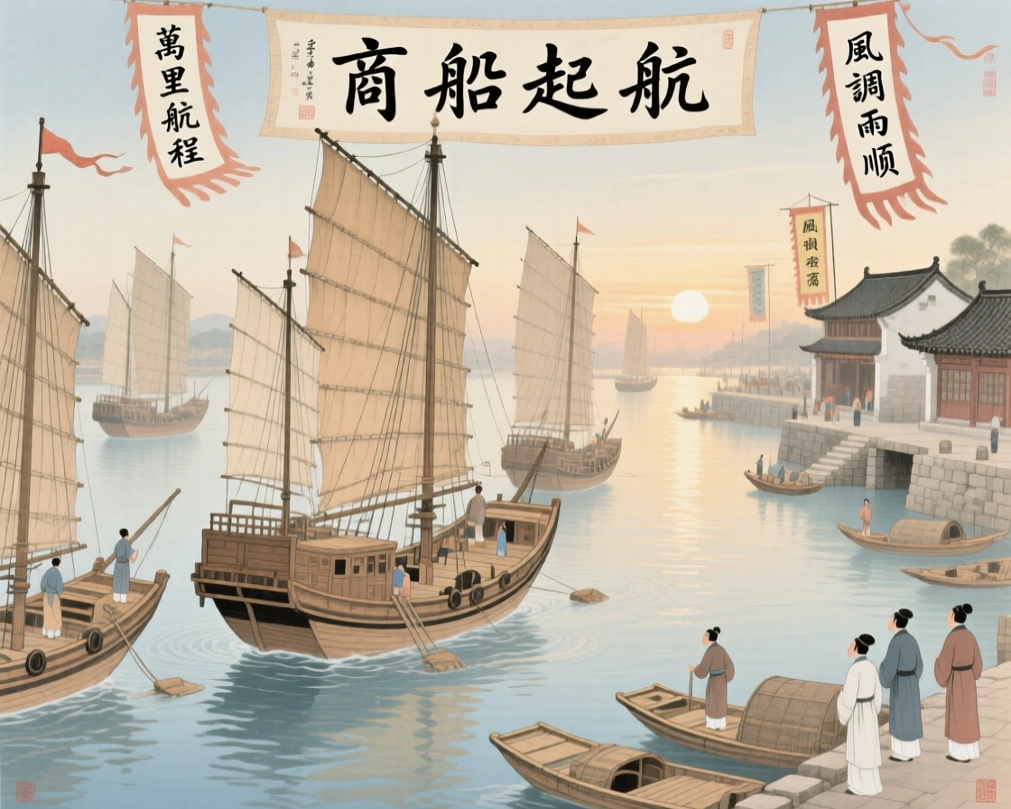 A fleet of merchant ships departing a harbor at first light, beneath banners fluttering in the wind