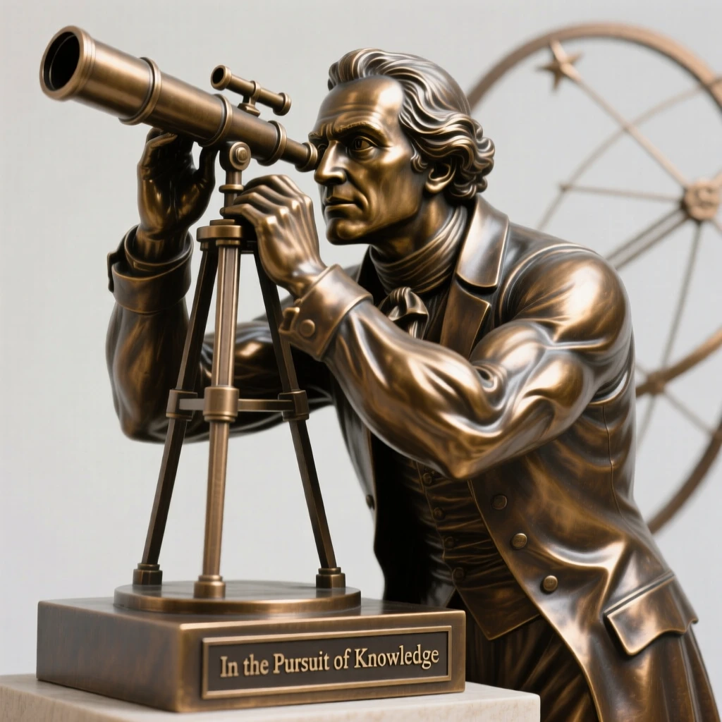 A scientist peering through a telescope, with muscles tensed in graceful strength, forming a strong central focal point