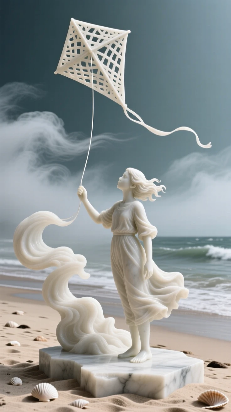 A beautifully composed image of a kite flying high above a windswept beach, amid swirling clouds and mist, full of atmosphere and visual storytelling