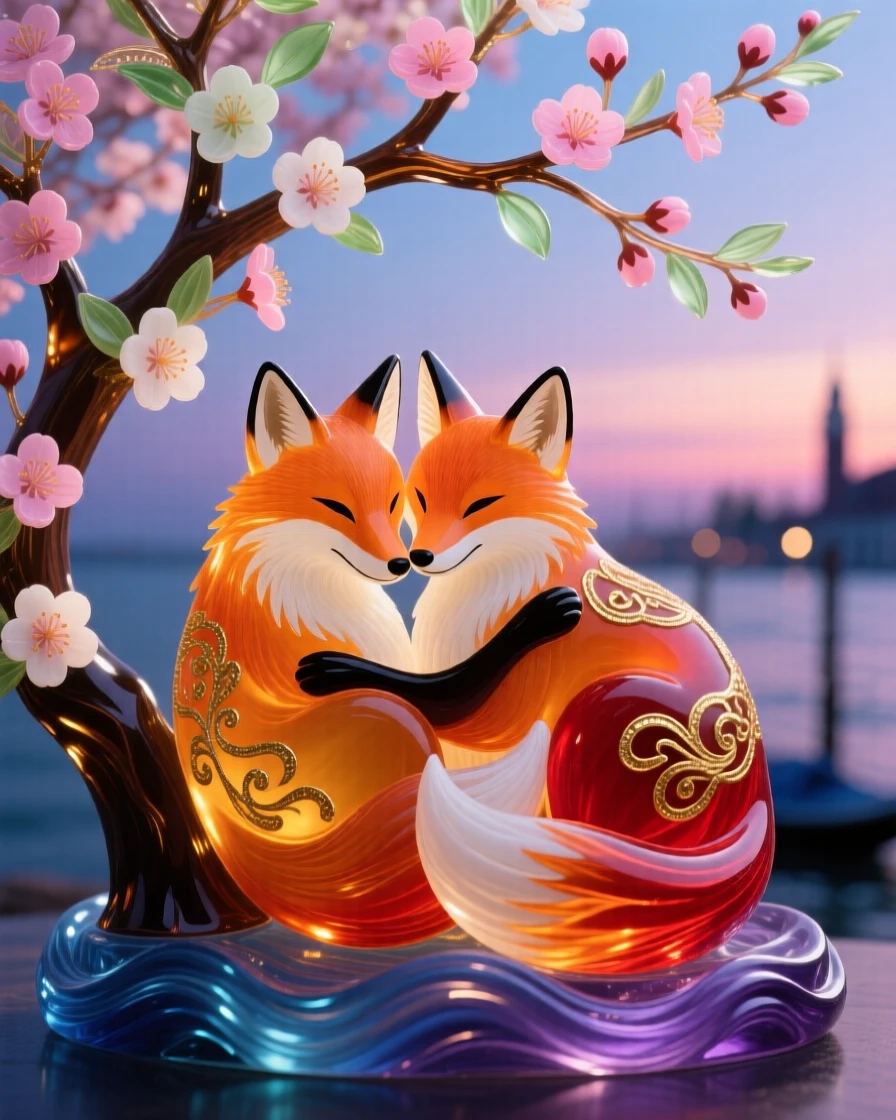 A pair of foxes curled together beneath a blossoming cherry tree at the height of dusk, cozy and tender.