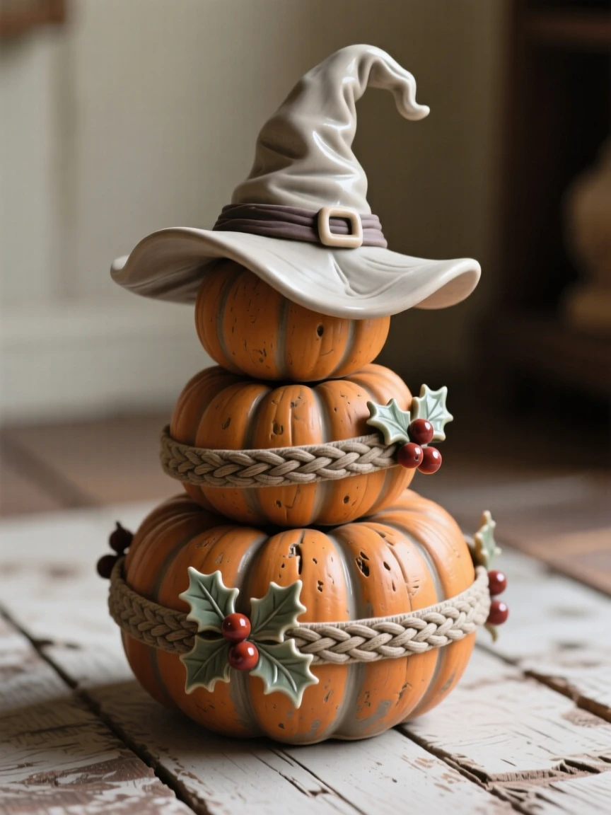 A witch's hat perched atop a stack of pumpkins set within a cozy festive scene, wrapped in ribbons and festive trimmings, evoking festive joy and warm togetherness.