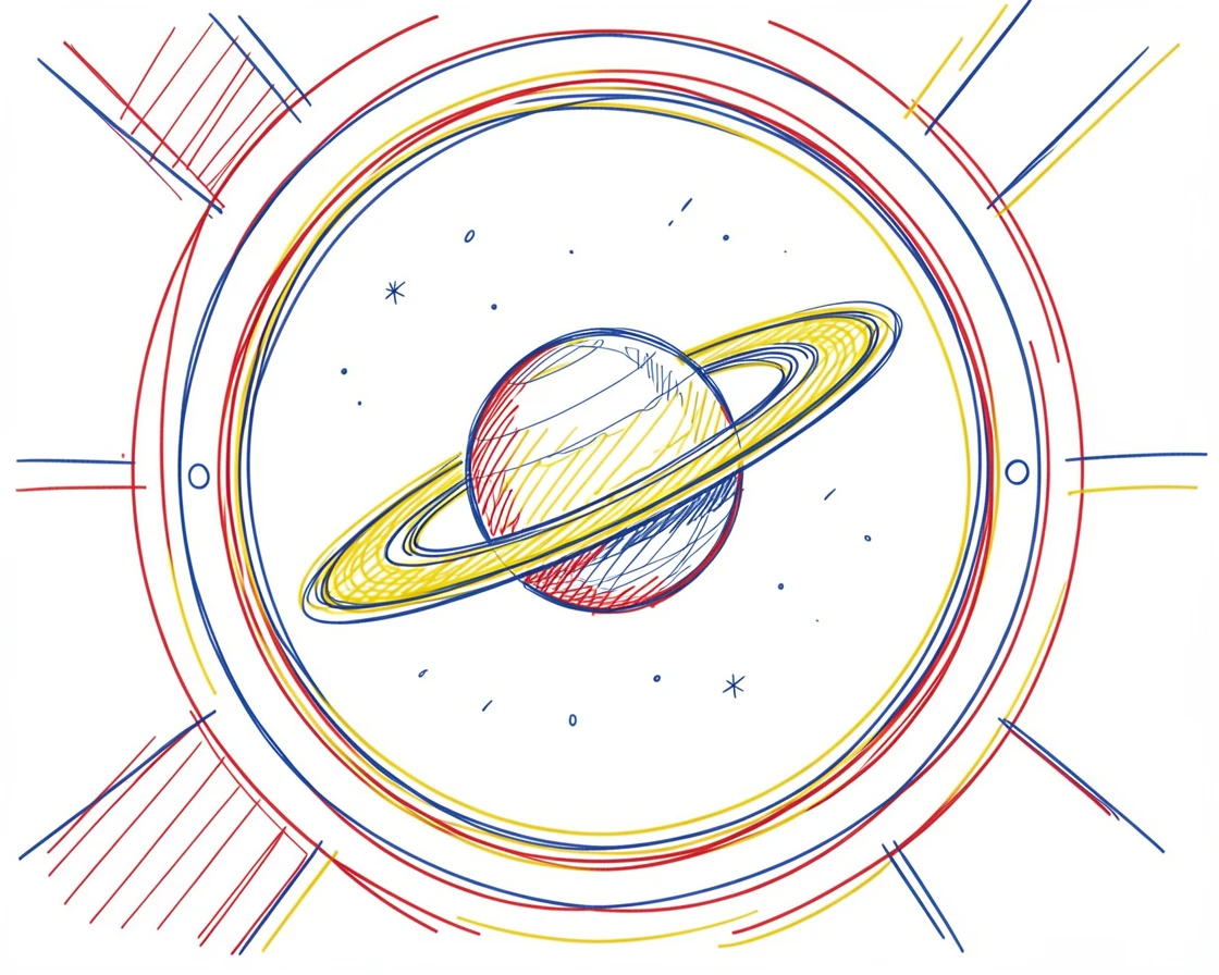 A distant ringed planet glimpsed through a spacecraft's round window