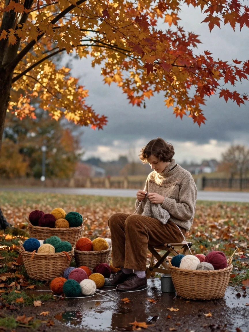 A knitter surrounded by baskets of colorful yarn, in dappled light filtering through leaves, just after a rain shower, with puddles reflecting the sky, in late autumn, dominated by warm amber and rust tones, from a wide establishing view.