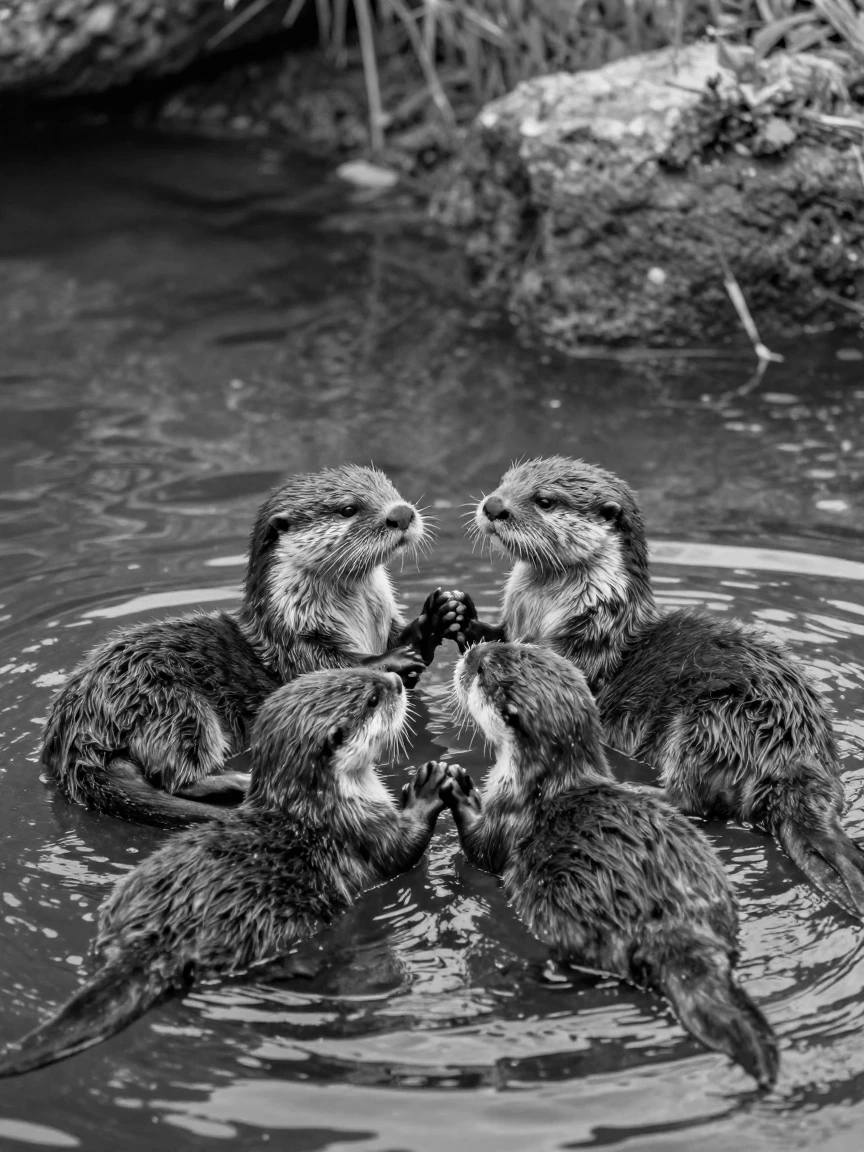 A family of otters floats together holding paws along a quiet coastal inlet.