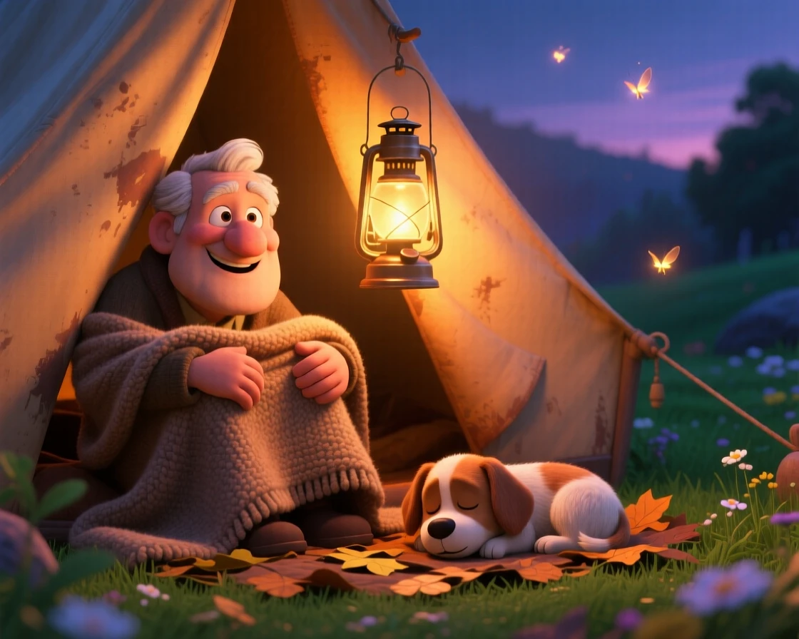 An elderly man with a warm smile sits inside a tent glowing from a lantern, tucking a wool blanket over their knees. A feeling of safety and slow relaxation lingers here, with a small dog dozing nearby.
