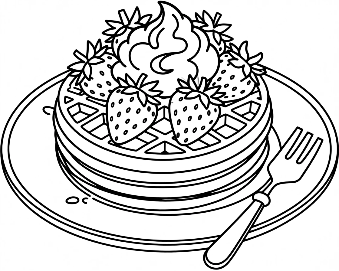 A plate of waffles topped with strawberries and whipped cream