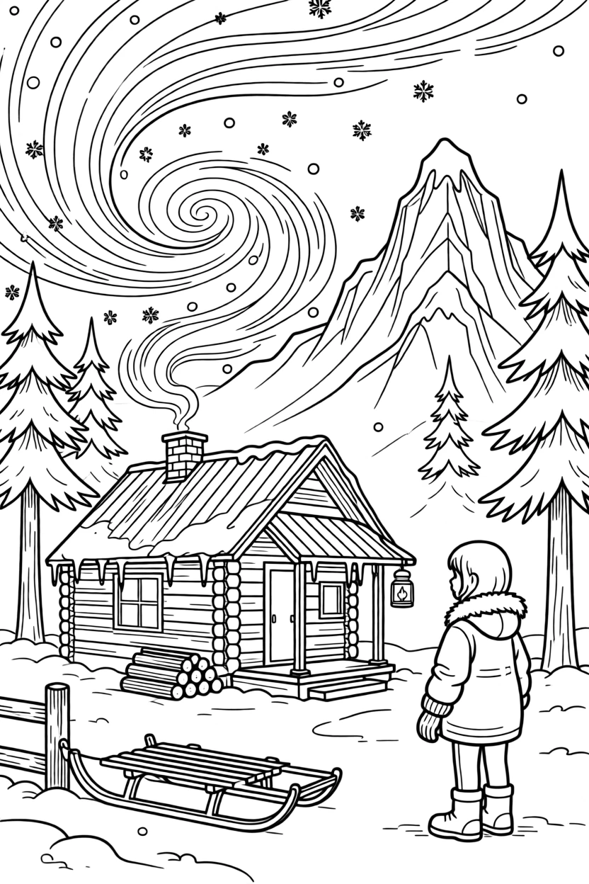 A snowstorm swirling around a lone cabin in the woods, with jagged peaks rising in the background.