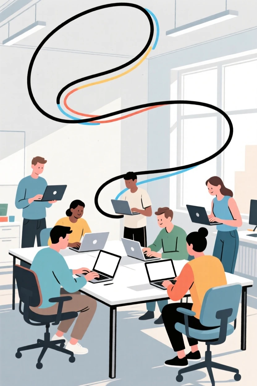 A group of coders working together on laptops in a bright office.