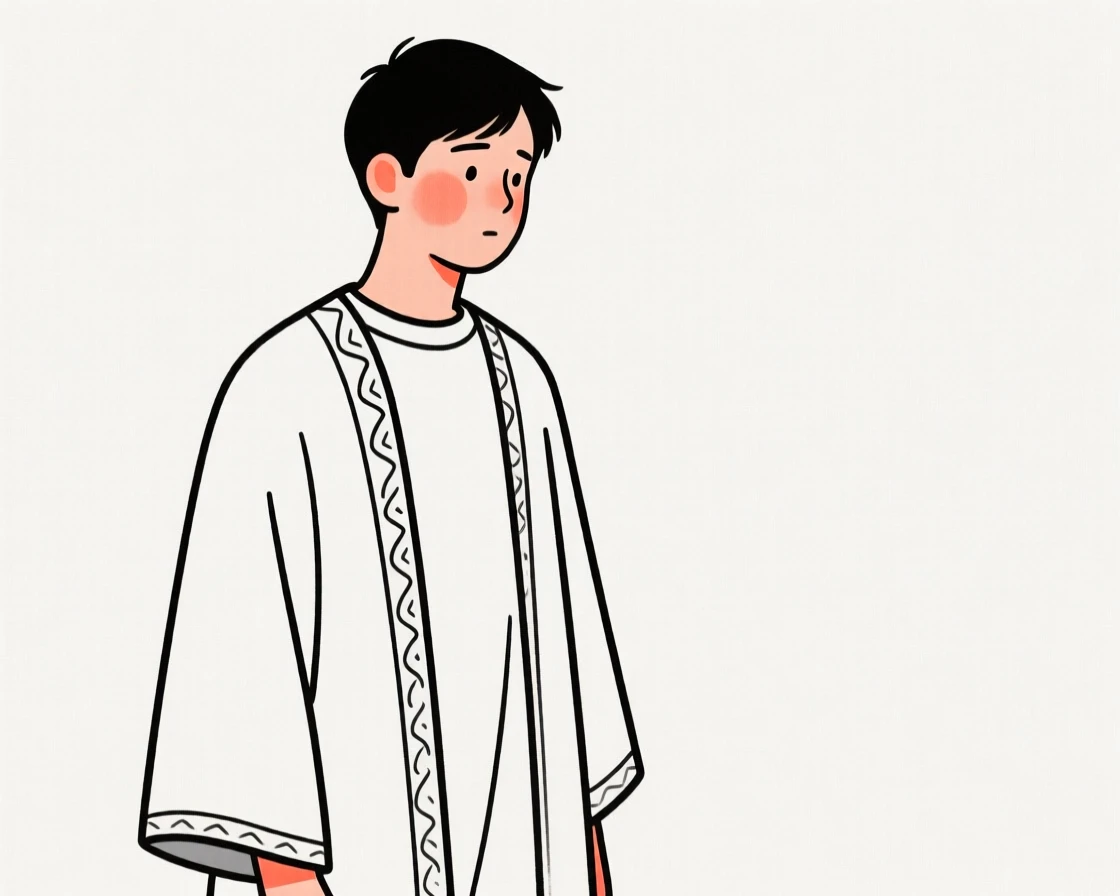 A young man wearing a Moroccan kaftan, glowing with nostalgia.