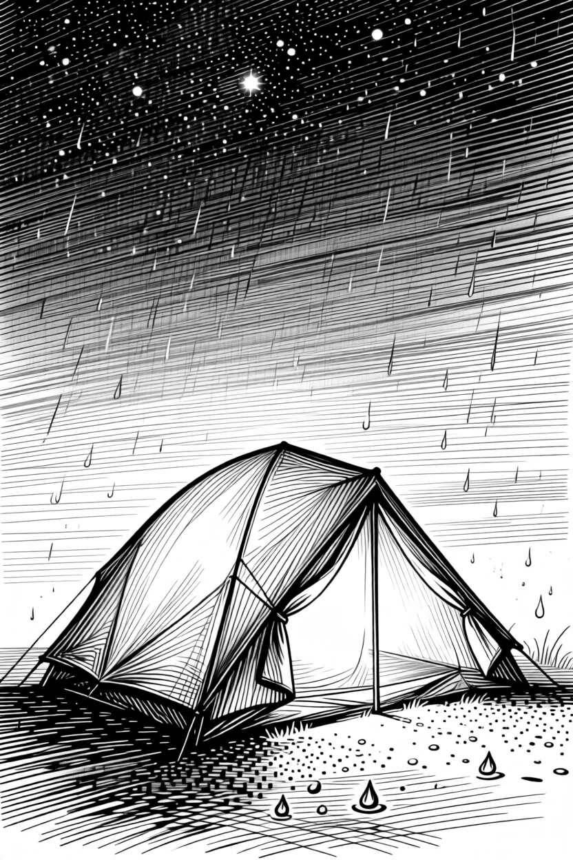 A tent glowing softly under a starlit sky with the sound of rain tapping softly nearby, with dust motes drifting gently in the light, evoking a full of quiet gratitude sense of calm.