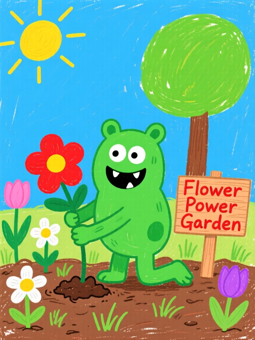 A small green monster planting flowers in a garden.