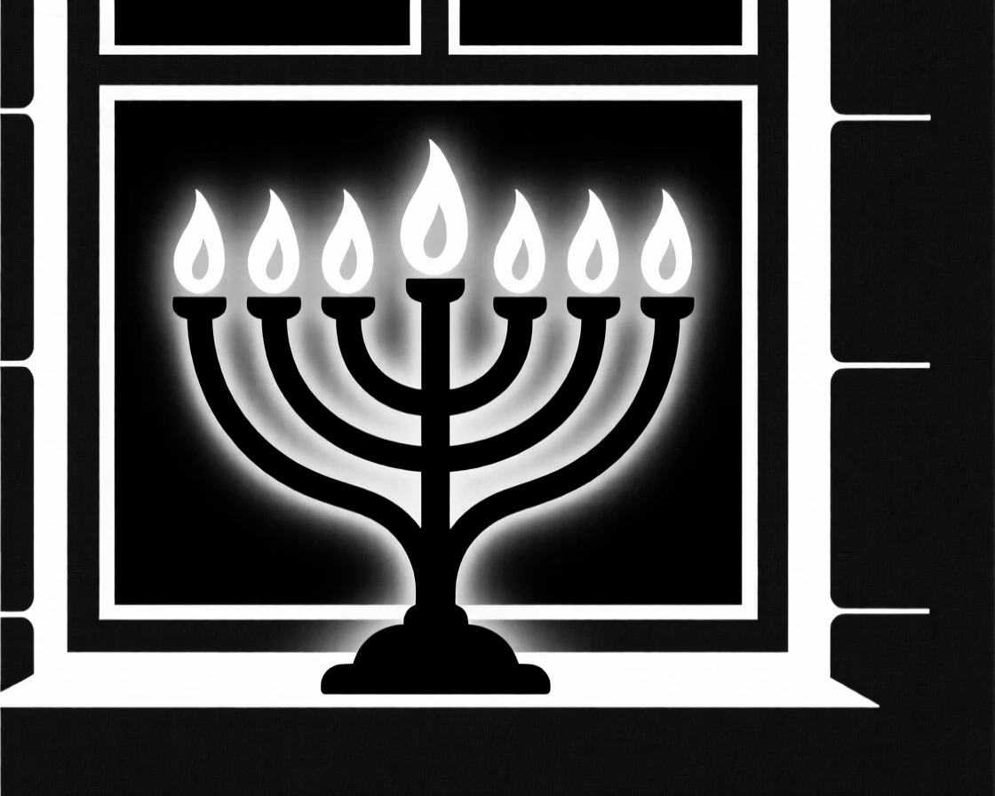 A Hanukkah menorah glowing in a window.