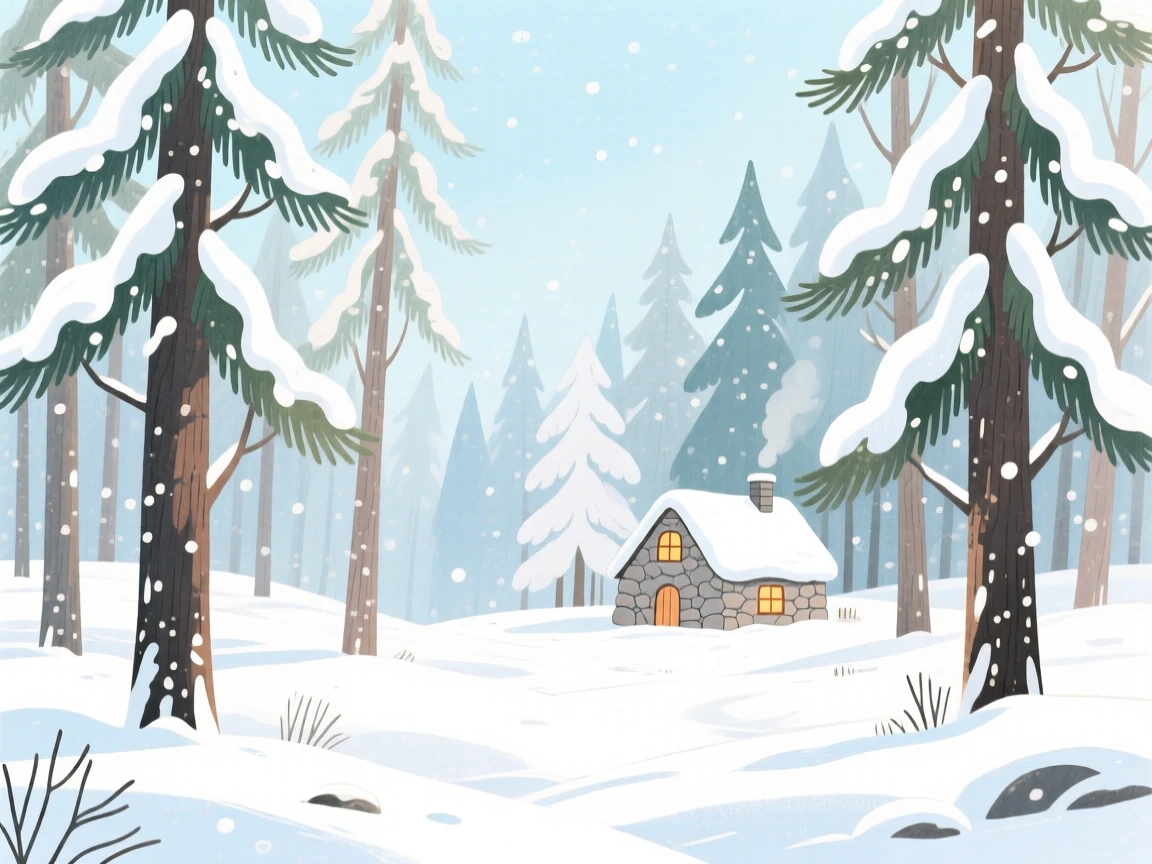 A snowy pine forest under a blanket of fresh powder, with a small stone cottage nestled in the distance, capturing the breathtaking beauty of untouched nature.