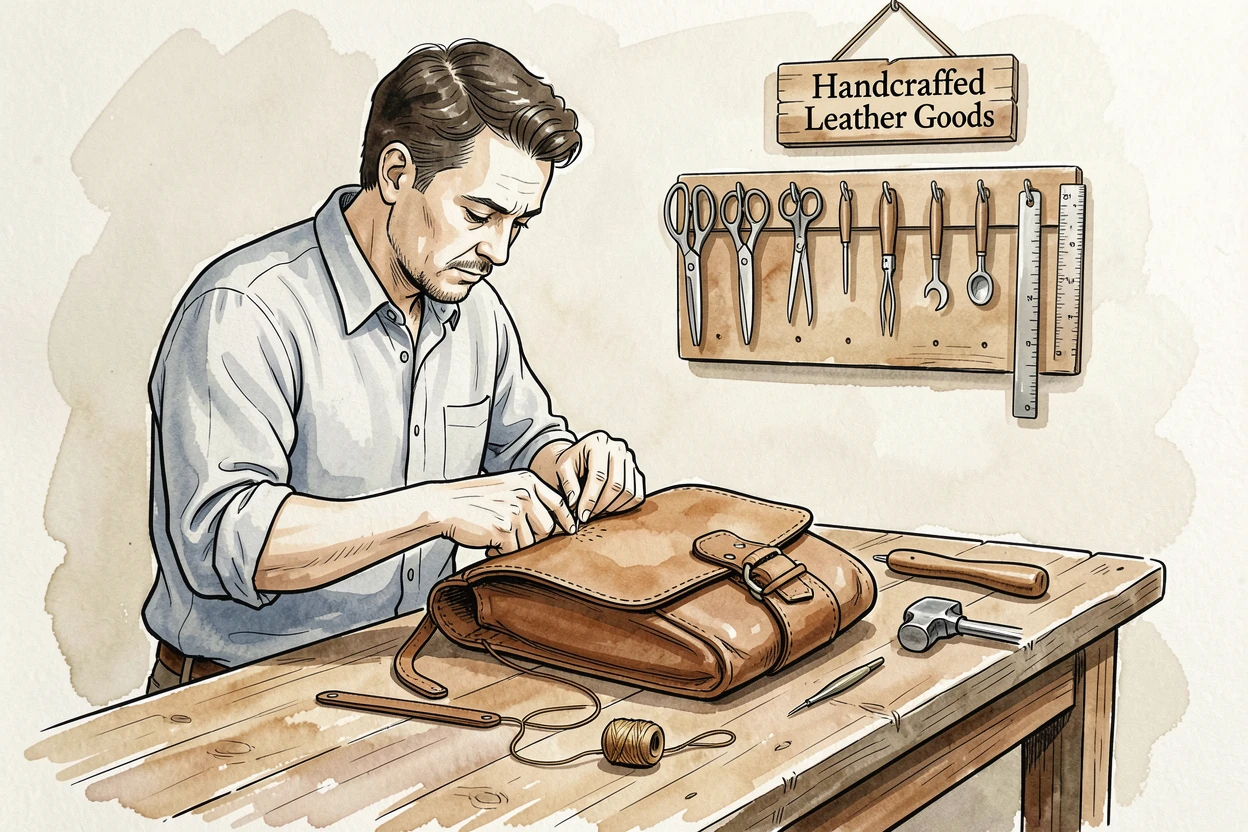 A leatherworker stitching a handmade satchel at a rustic workbench, focused concentration evident in every careful movement.