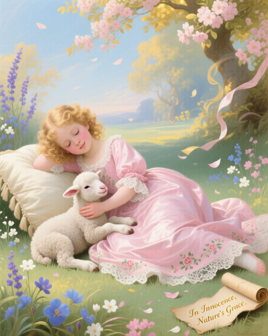 A little girl resting beside her pet lamb in a meadow  