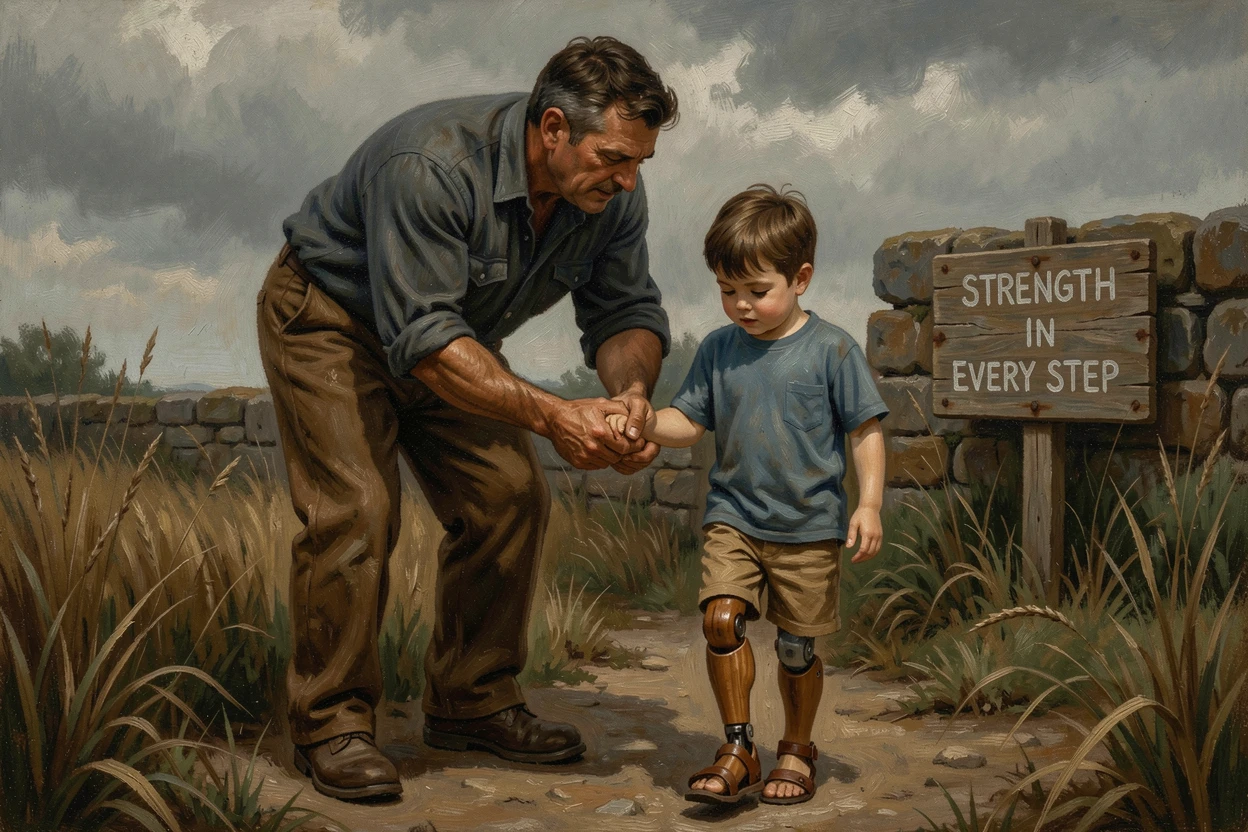 A father teaching his son with a disability to walk using new prosthetics, with hands clasped tightly, conveying connection and support, evoking deep emotion and a profound sense of shared humanity
