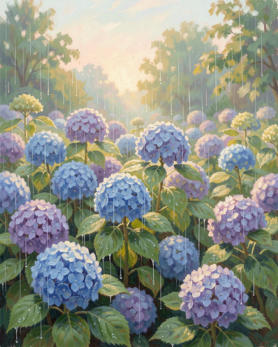 A garden overflowing with hydrangeas in shades of blue and violet after a gentle summer rain, as the first light of dawn breaks.