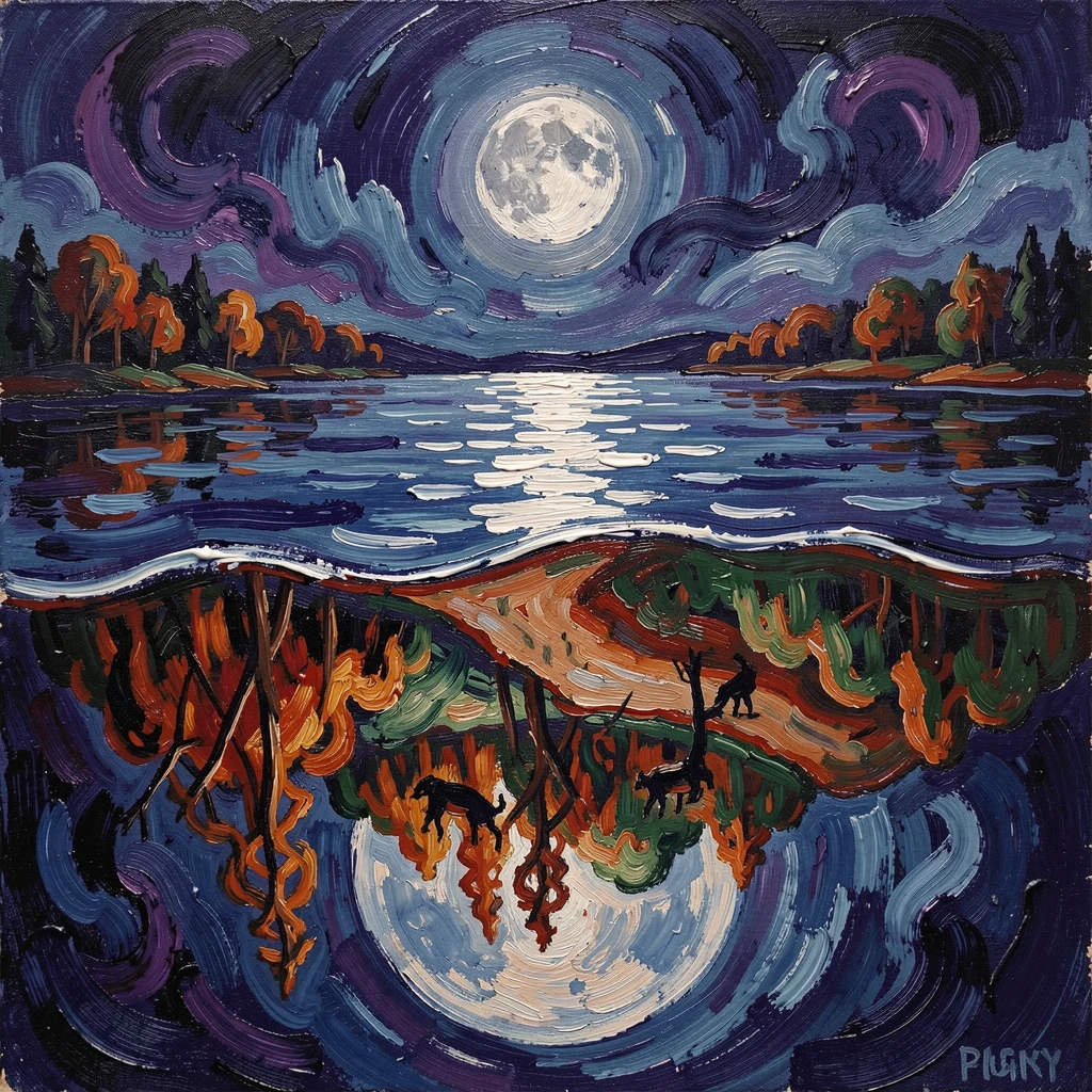 A moonlit lake where reflections show a second, upside-down world beneath the water.