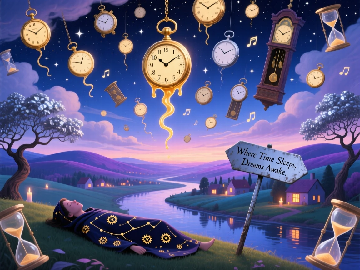 A sky filled with clocks instead of stars, all ticking softly hangs silently over a sleeping world below, while the entire scene shimmers with quiet, cosmic stillness.