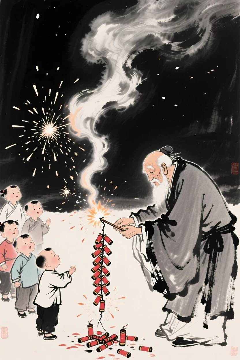 A grandfather lights a string of firecrackers as children watch from a safe distance, with smoke and sparks rising into the night air.