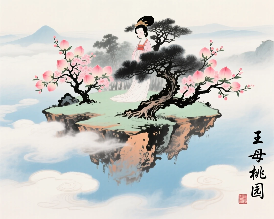 The Queen Mother's peach garden blooming on a floating celestial island, beneath low hanging clouds.