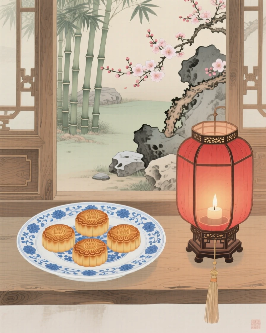 A plate of mooncakes arranged beside a small lantern on a windowsill overlooking a garden