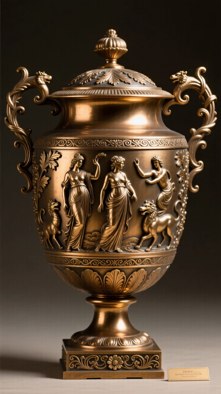A decorative urn adorned with mythological scenes, with delicate texture and fine ornamentation, radiating elegance and refinement