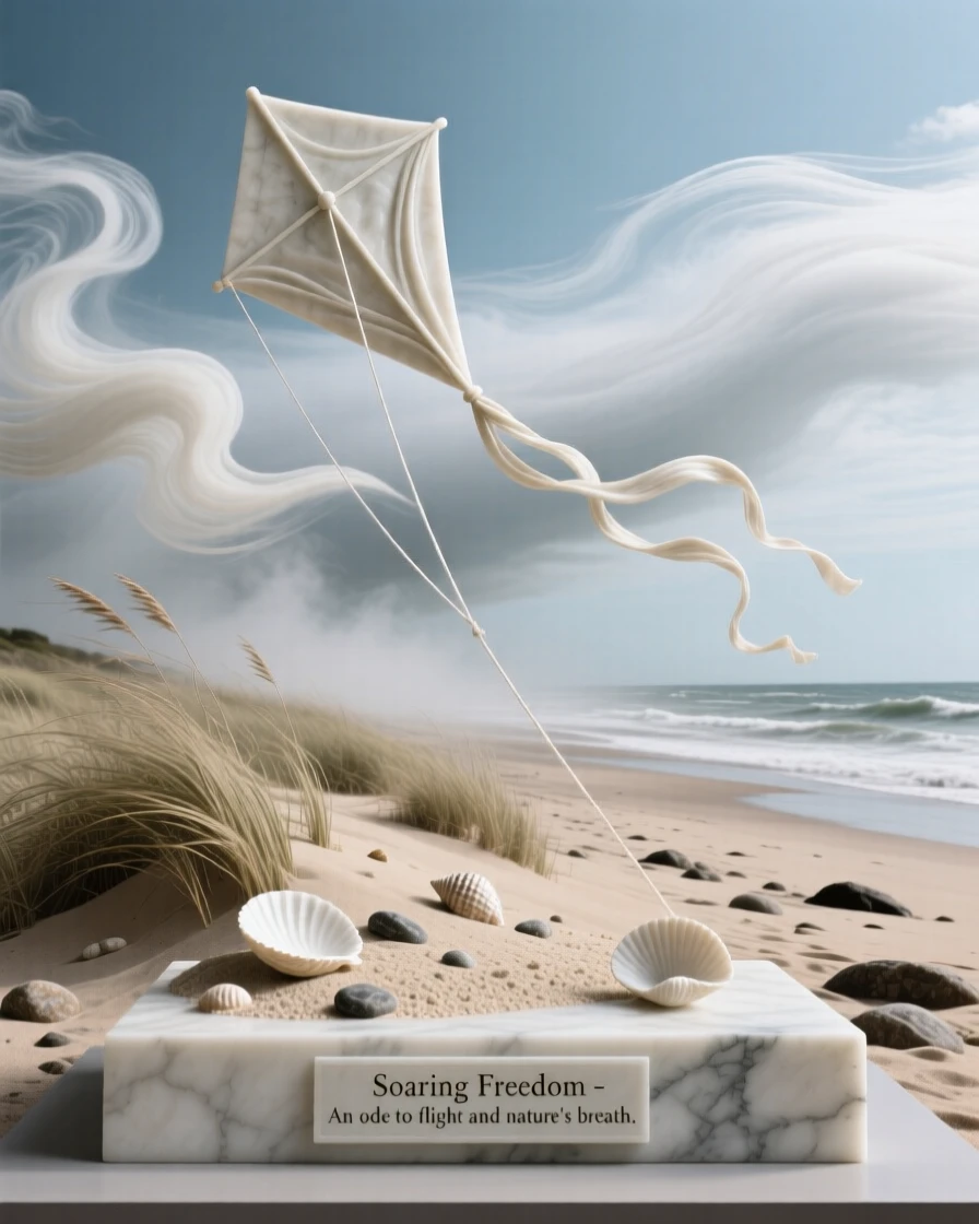 An evocative depiction of a kite flying high above a windswept beach, amid swirling clouds and mist, balancing detail with emotional depth