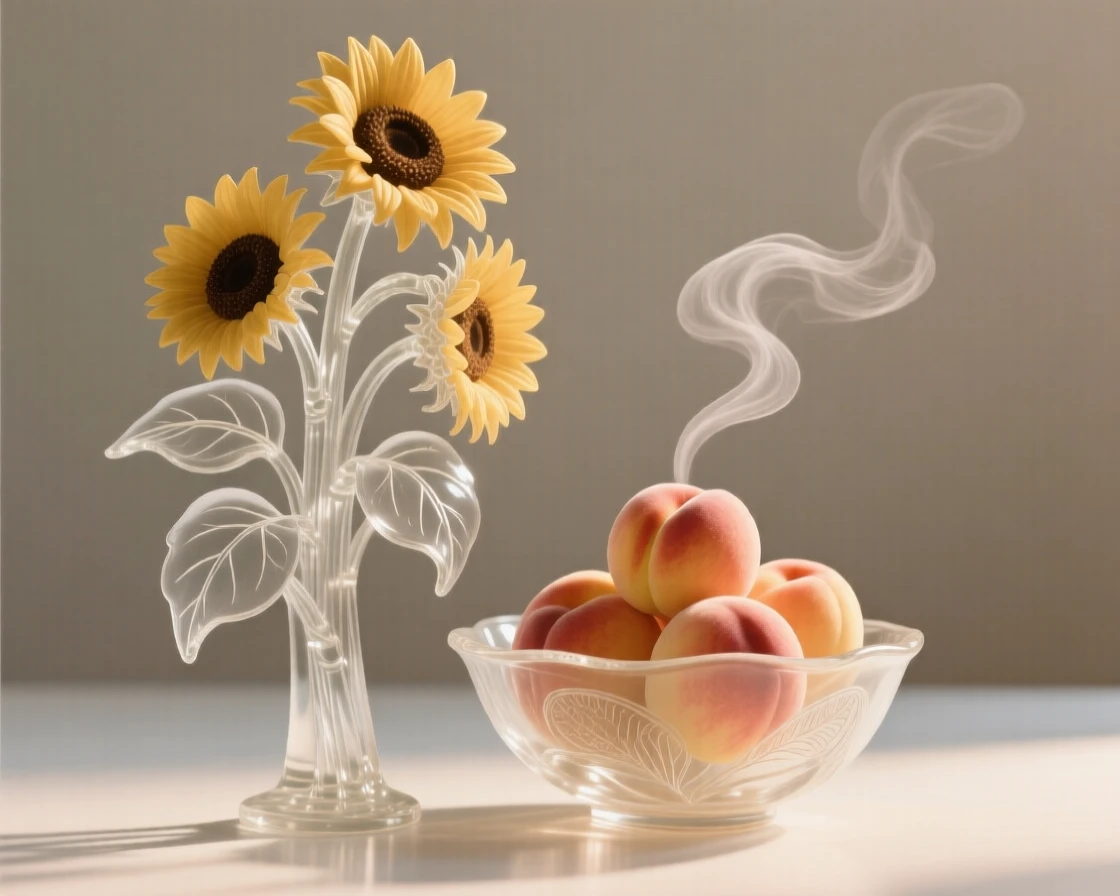 A bunch of sunflowers standing beside a bowl of ripe peaches as steam rises gently into the morning air, while a warm breeze drifts through a nearby open window