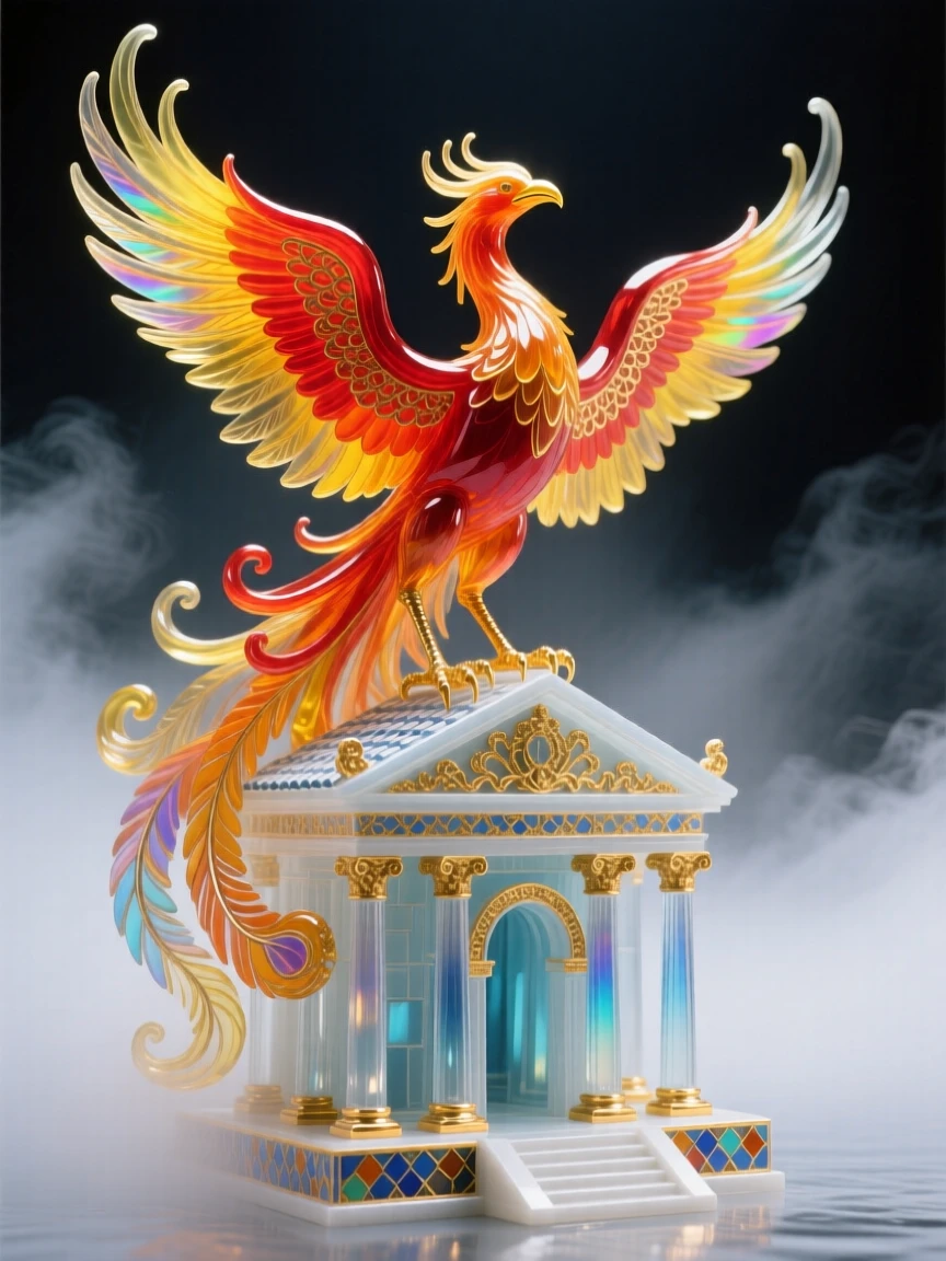 A grand phoenix rising above an ancient temple wrapped in the thickest morning mist, transcendent and radiant.