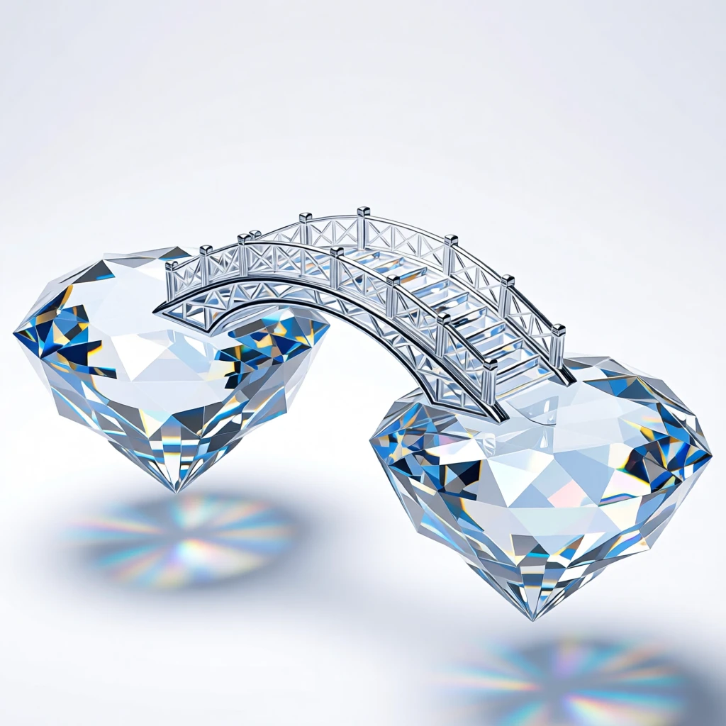 A dreamlike bridge connecting two floating islands made of crystallized clouds.