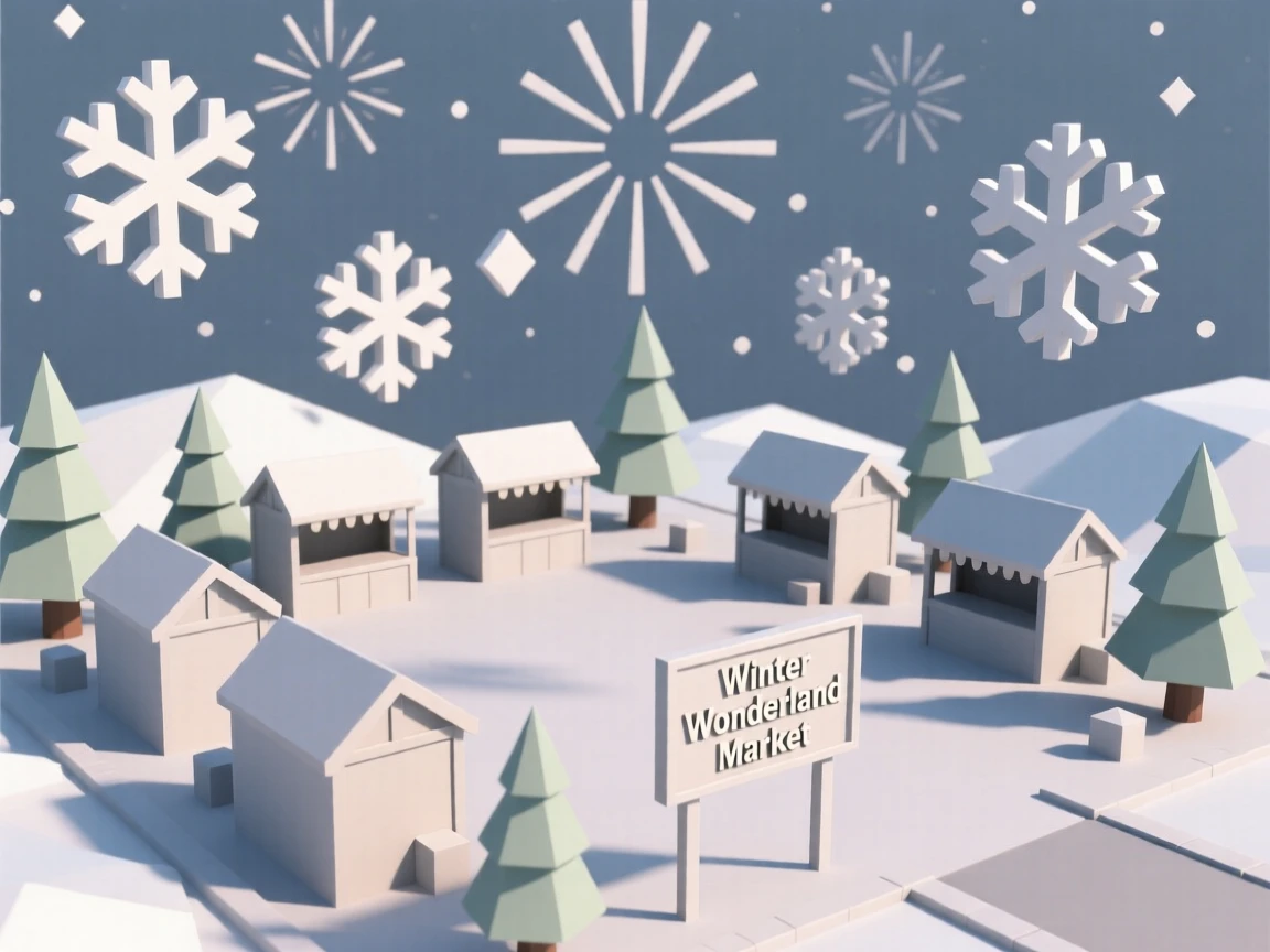 A festive market square decorated for winter holidays, beneath a sky full of fireworks. soft light and gentle shadows add depth to the scene. The moment feels magical and full of wonder.