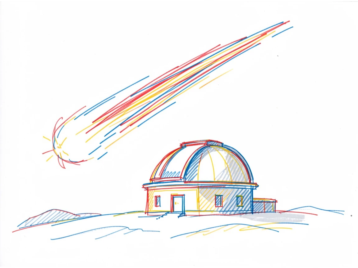 A meteor streaking brightly over a quiet snow-covered observatory