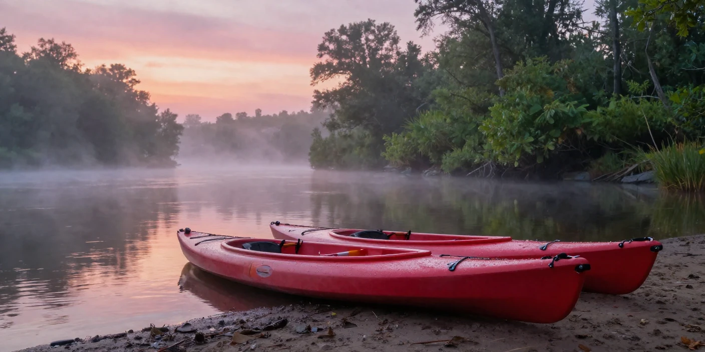A pair of red kayaks resting on a misty riverbank at dawn