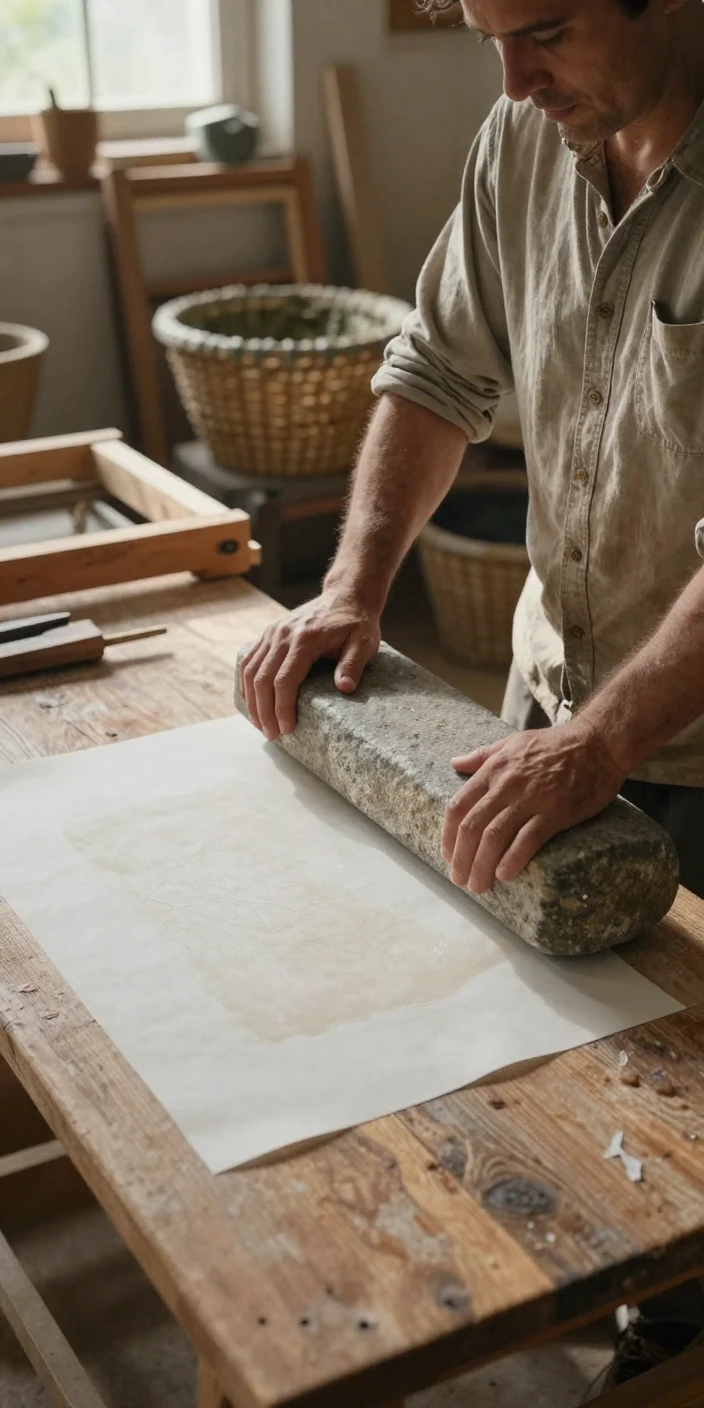 A papermaker presses fresh sheets of handmade paper under a heavy stone.
