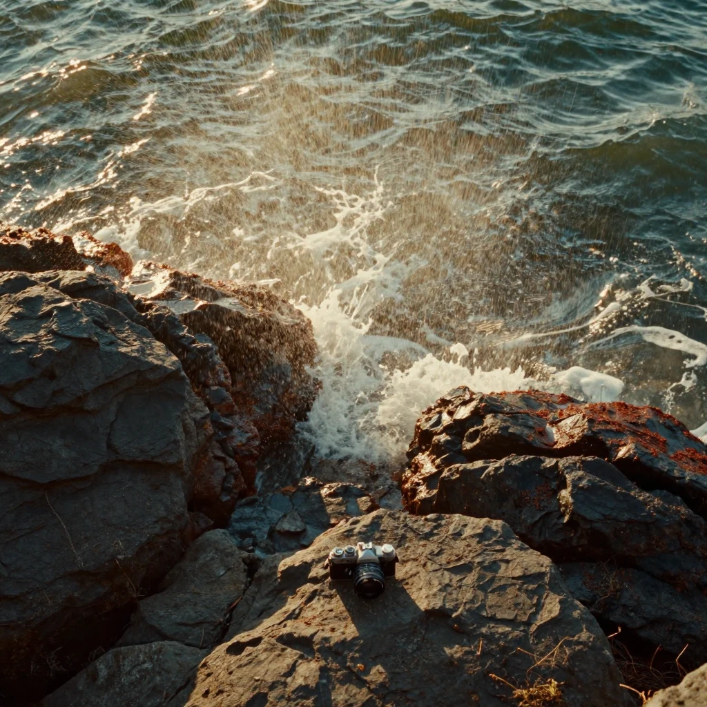 Sea spray catching golden light against dark coastal rocks, under harsh midday sun, under a light drizzle, in the mild days of early autumn, with muted olive and rust colors, shot from directly overhead.