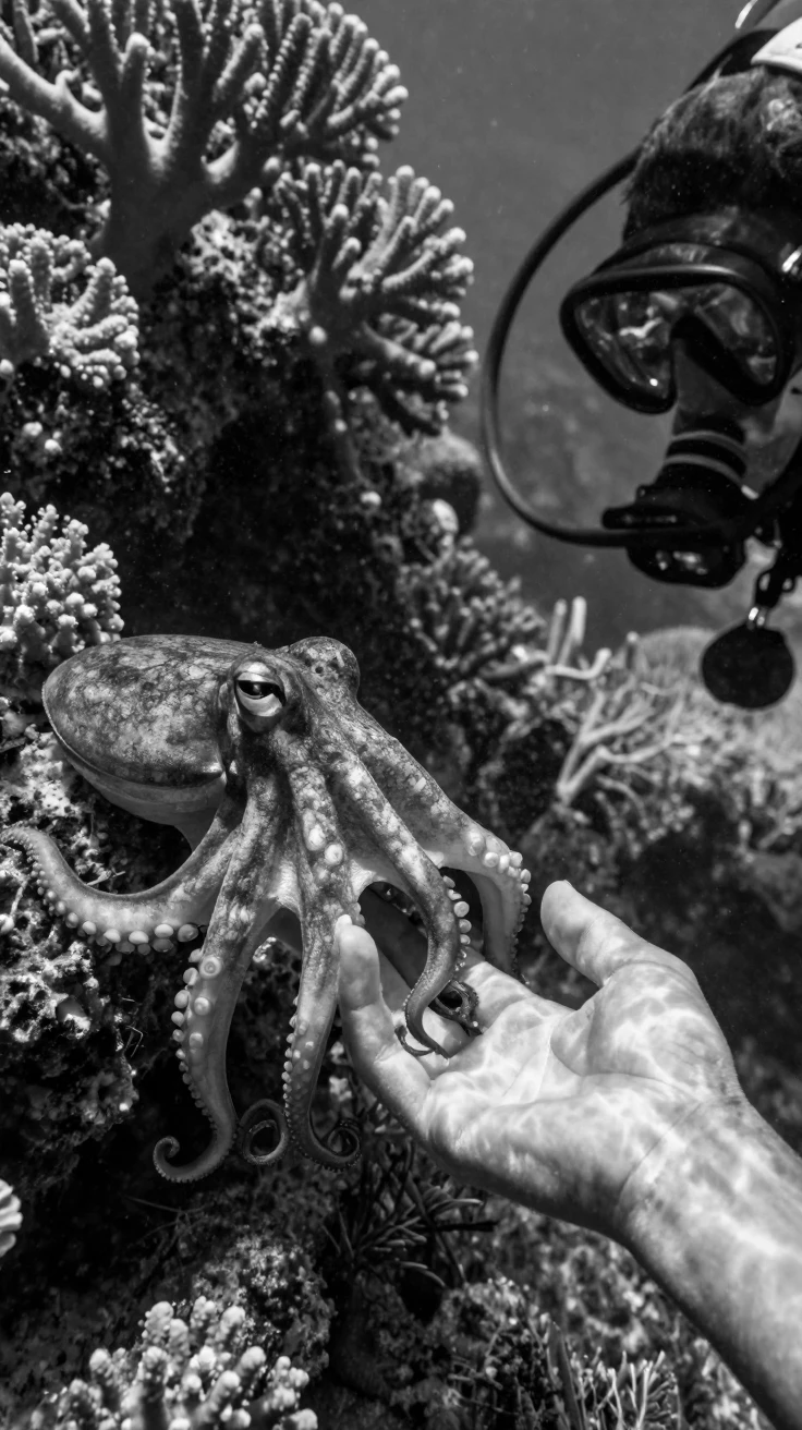 A curious octopus reaches a tentacle toward a diver's hand beside a vibrant coral reef.