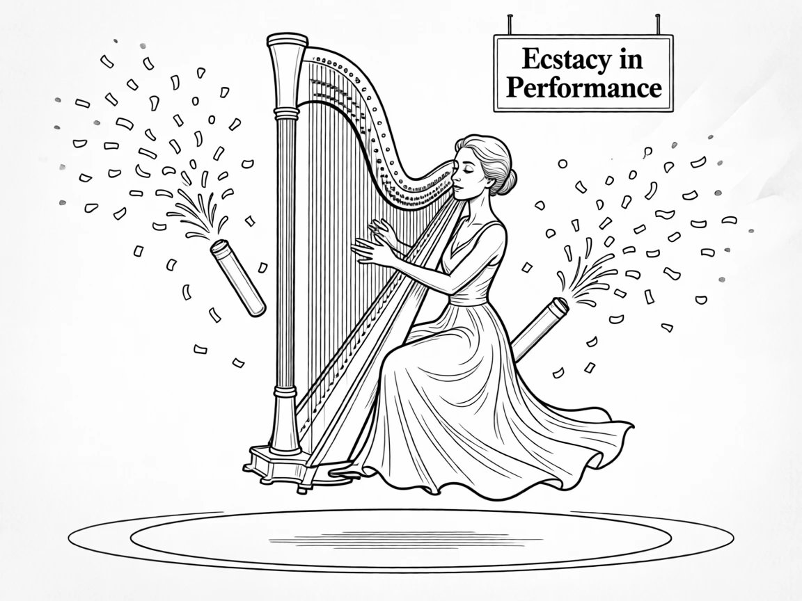 A harpist plucking strings with delicate, focused precision, hovering impossibly high above the stage floor, set on a stage bathed in colorful concert lights. Confetti cannons fire in perfect sync with the beat. It captures the pure ecstasy of a performance in full swing.