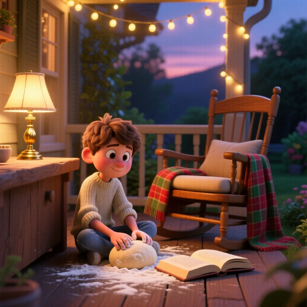 A teenage boy reading by lamplight sits under a canopy of fairy lights on a porch, kneading dough on a floured counter. The mood is snug, tender, and softly domestic, with a plaid blanket draped over a chair.