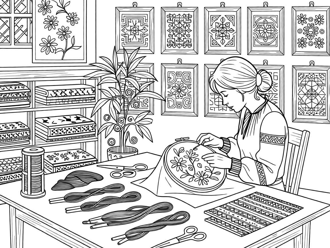 A folk embroidery artist stitching floral motifs.