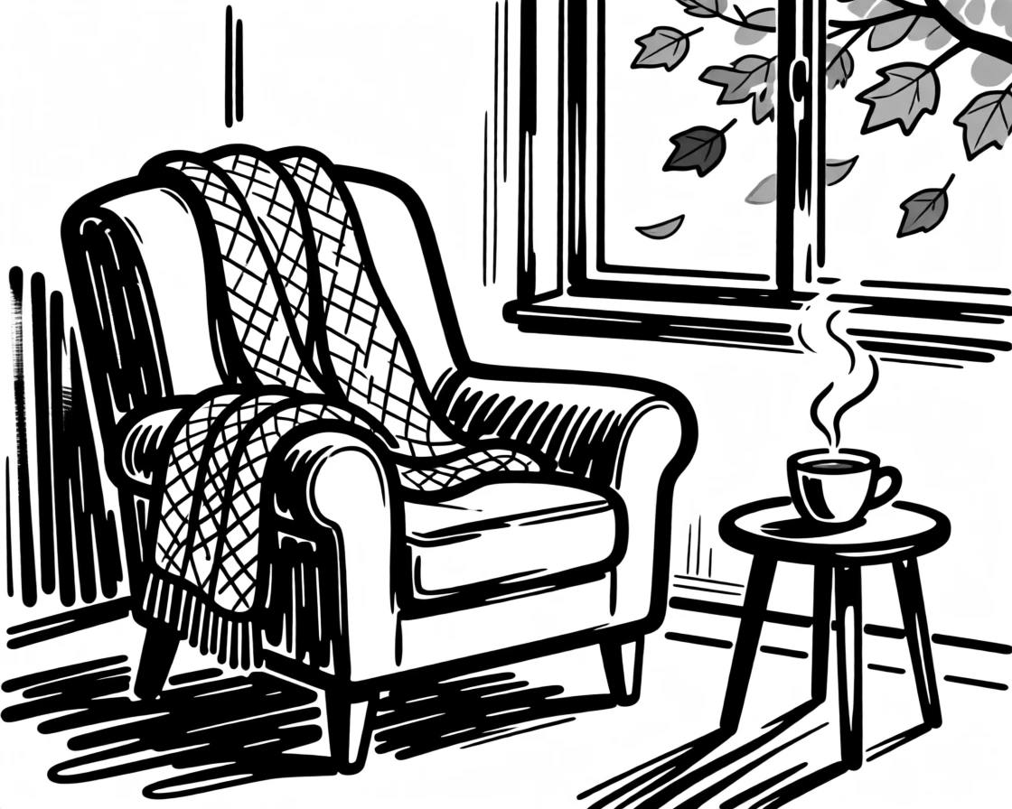 A cozy autumn reading nook with a blanket, tea, and falling leaves outside the window.