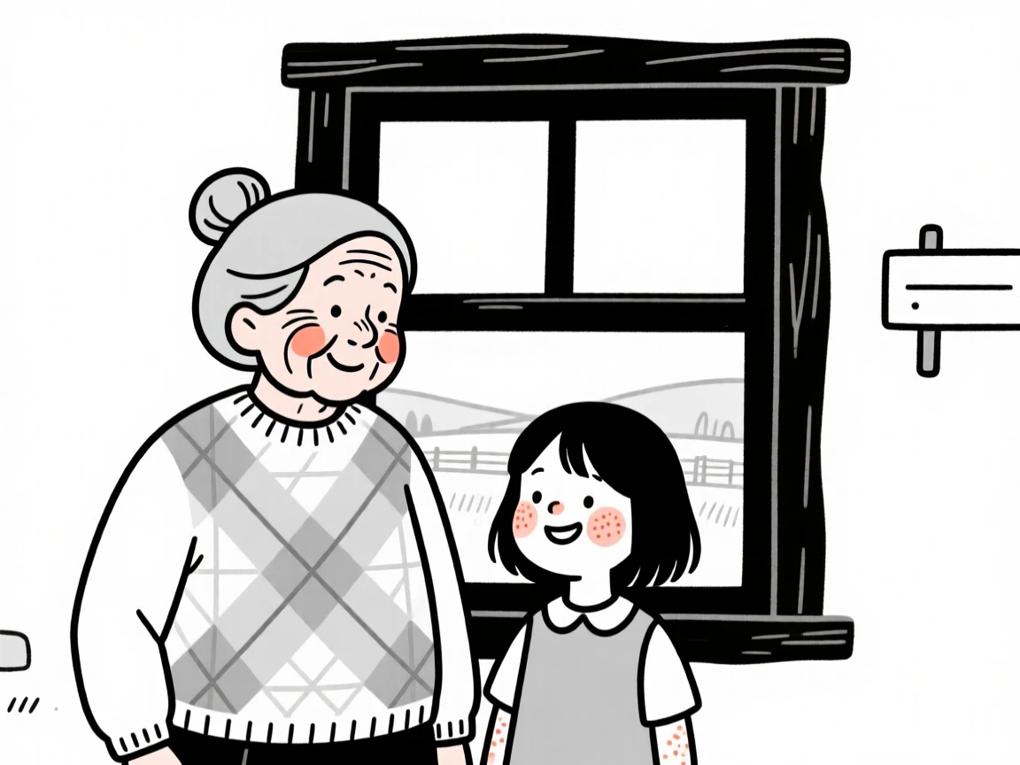 A grandmother and granddaughter of Scottish heritage, grinning mischievously, by a rustic farmhouse window.