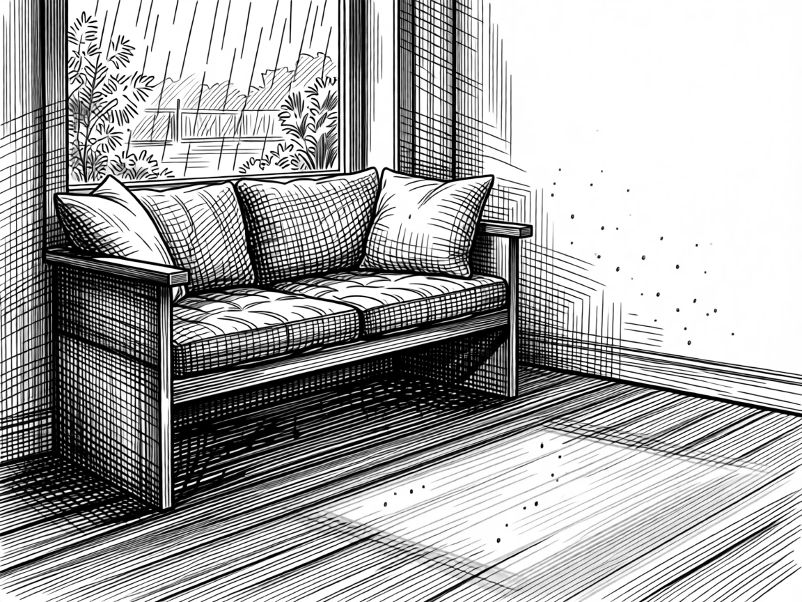 A window seat overlooking a rain-streaked garden as golden light stretches across the floor, with dust motes drifting gently in the light, evoking a quietly hopeful sense of calm.