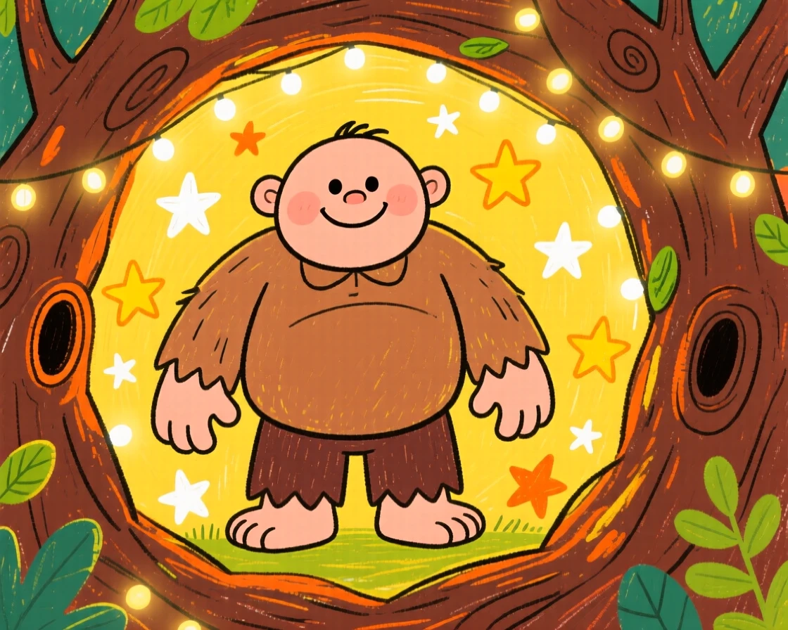 A kind giant with a gentle smile inside a hollow tree filled with twinkling lights.
