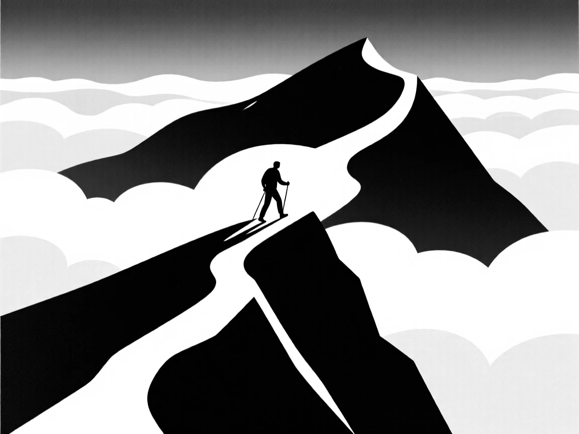 A lone hiker crossing a narrow ridge above the clouds.